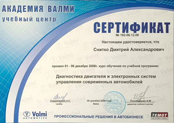 Сертификат Академии Валми: Диагностика двигателя и электронных систем